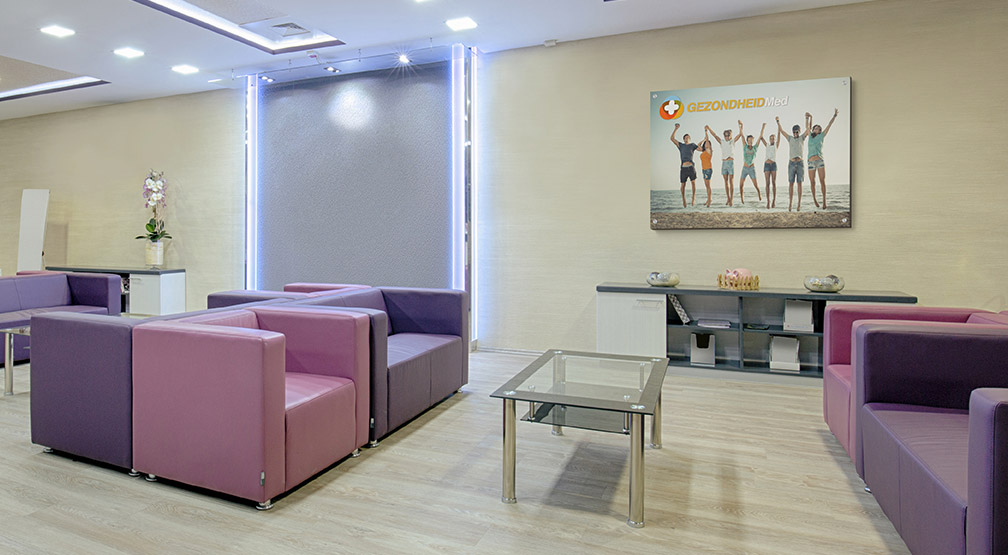 Framed abstract art print in a medical office. Patient area décor for doctor and dentist offices.