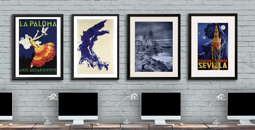 Framed landscape photo print in a hotel room. Hotel décor for guest rooms and lobbies.