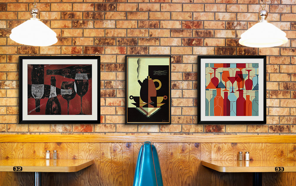 Framed abstract art and photo prints in a restaurant. Dining area décor to create a pleasant experience for foodies and diners.